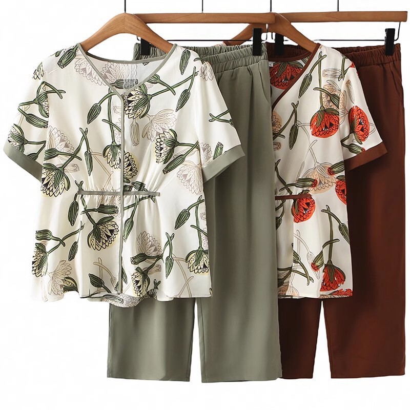 母の日ママサマースーツ半袖シャツ中高年婦人服若い女性服薄手シフォンシャツ|undefined