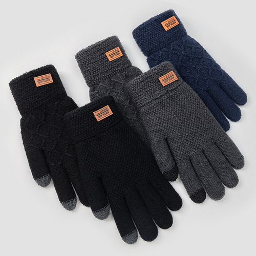 Large size gloves for male students in autumn and winter, warm touch screen, cold-proof plus velvet five-pointer knitted wool, cycling and cycling wholesale