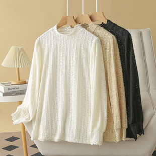 plus size lace shirt long sleeve women's bottoming shirt 2024 autumn temperament inside 200kg chubby girl jacket stretch 2420