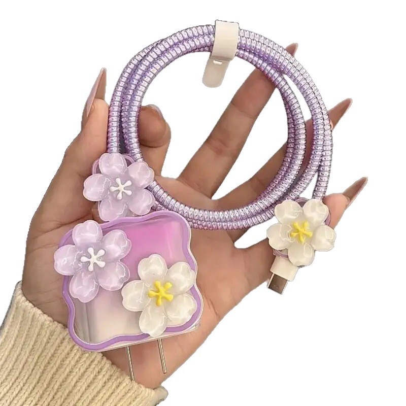 适用苹果iphone充电器数据线保护壳套18/20w防断波浪花朵可爱清新|undefined