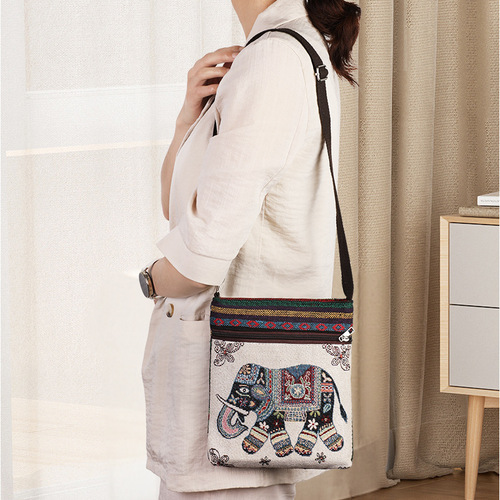 Ethnic-style elephant cartoon single-shoulder bag for women, double-sided gold thread embroidery canvas bag, fashionable single-layer zipper crossbody bag