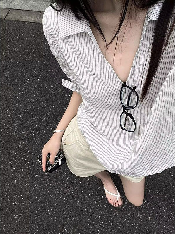 韩系气质老钱风拉条纹衬衫女设计感翻领衬衣通勤百搭宽松减龄上衣|undefined