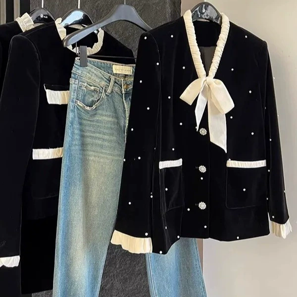 Тяжелый инкрустированный бриллиантовый бисер с воротником бабочки французский бархат небольшой ароматный пиджак женский вязаный кардиган темперамент с v-образным вырезом