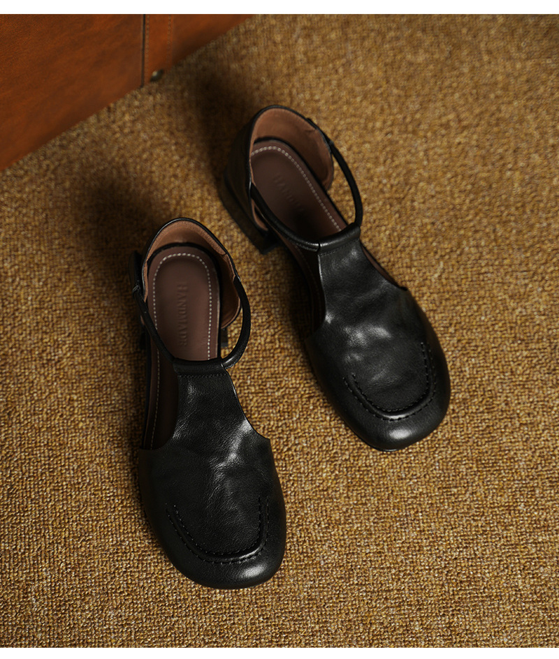 Dép sandal nữ quai ngang mũi tròn đế bằng da bò phong cách retro — màu nâu chi tiết 15