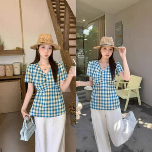 2025 French Retro Blue Plaid Shirt for Women, Summer Sweet Style, Pinch Waist Design Top, Slimming