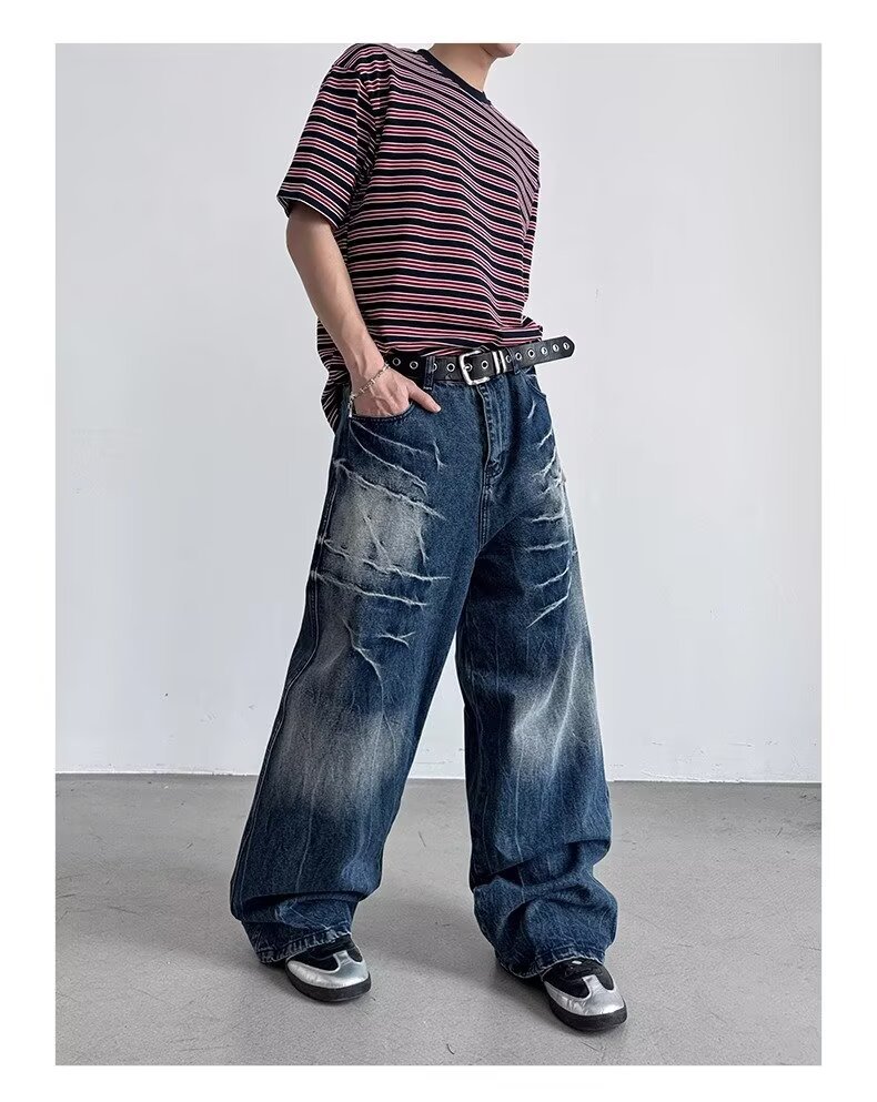 American Style Rivet Lightning Denim Jeans For Men And Women, Wide-Legged Distressed Wash Vintage Drop-Crotch Trousers, Trendy Streetwear Design_mkmklike.com
