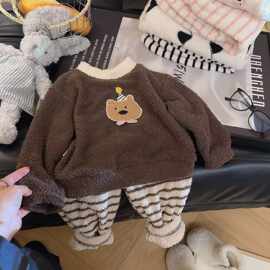 秋冬新款半边绒儿童睡衣中小童保暖家居服套装男童女童加厚两件套