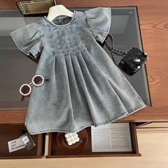 2024 Summer New Korean Style Girls' Washable Soft Denim Dress for Girls with Short Sleeve Children's Dress
