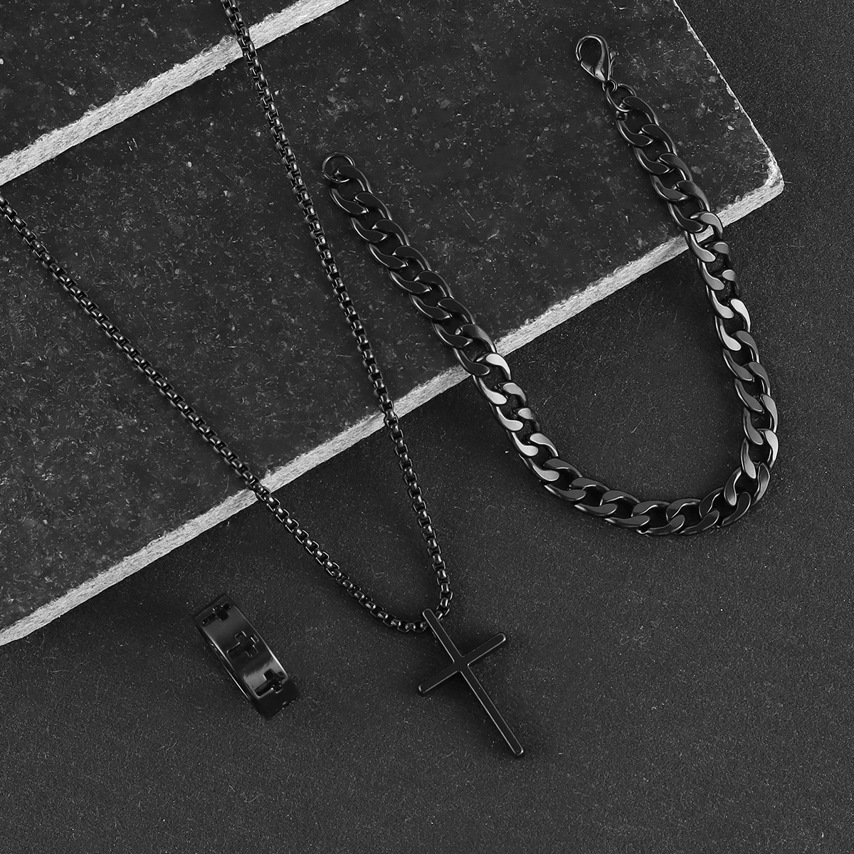 Комплект ювелирных изделий Cross, унисекс, ожерелье из титаново-стального сплава 60 см, браслет 22 см, кольцо Ø 2 см