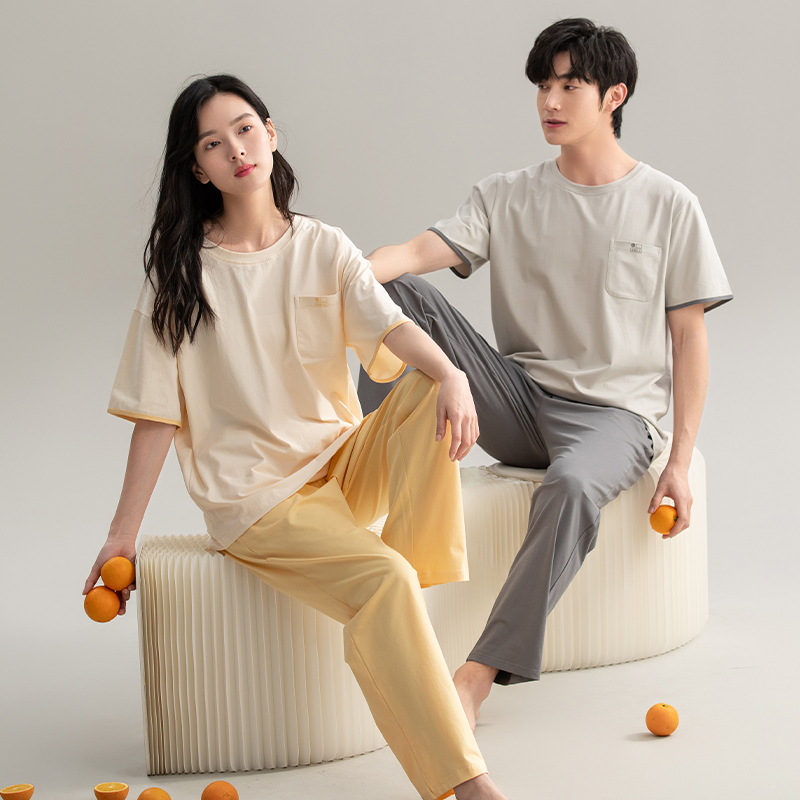 [Antibacteriano] pijama hombre de verano de mangas cortas de algodón pareja conjunto de mujeres casuales de color sólido de alta calidad ropa para el hogar