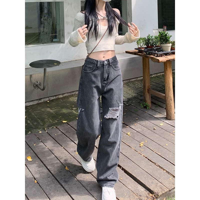 烟灰色破洞牛仔裤女高腰直筒春秋新款高腰百搭宽松显瘦阔腿裤子潮|undefined