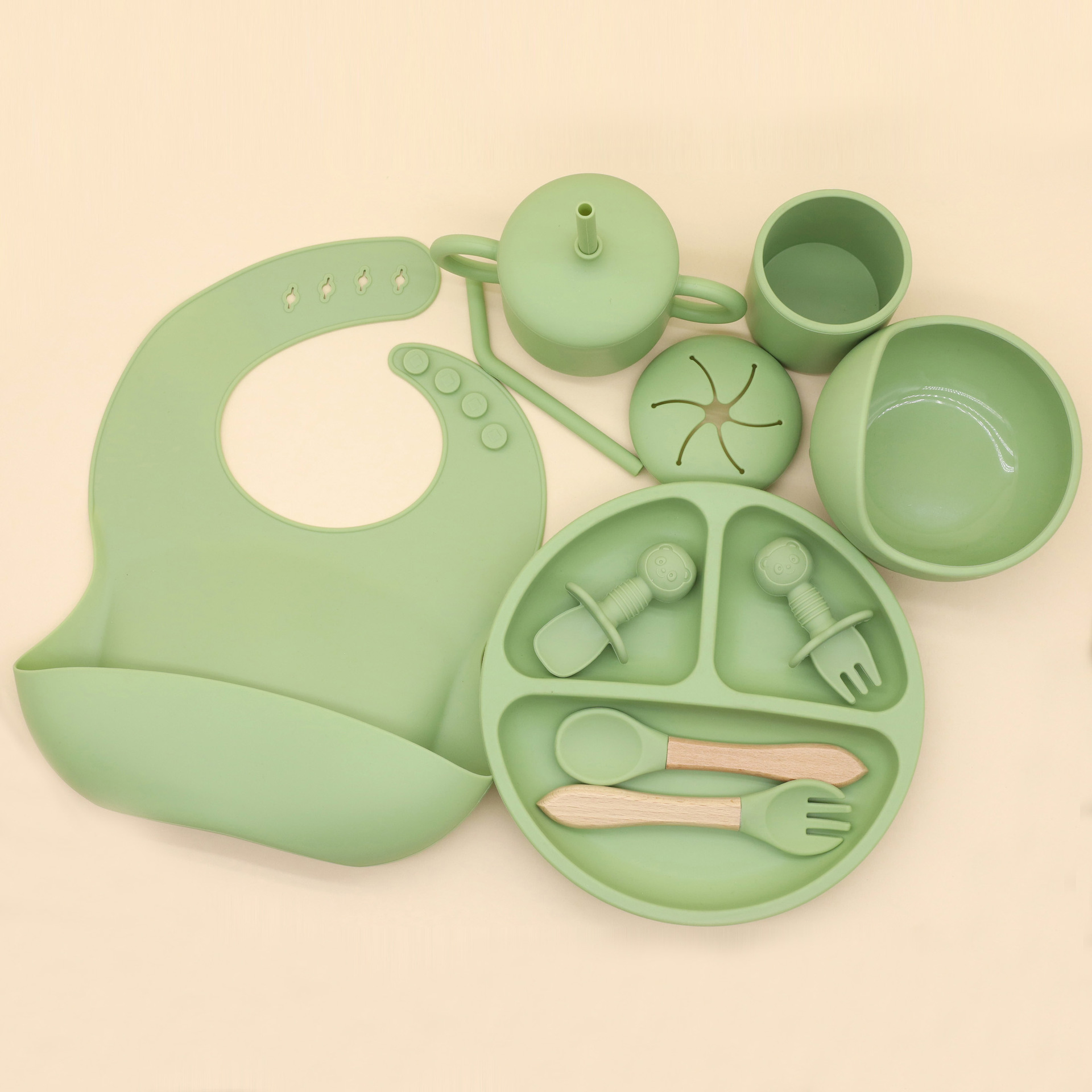 Conjunto de cubiertos de silicona para bebés transfronterizos Baodle Bowl Paws Cups and Fork Multiple Pieces Conjunto de platos de comida suplementaria cubiertos de alimentación