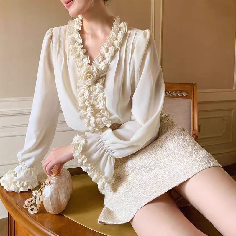 French Heavy Industry Auricularia Lace Rose Shirt Women's Design Sense Niche Loose Draped Long Sleeve Top