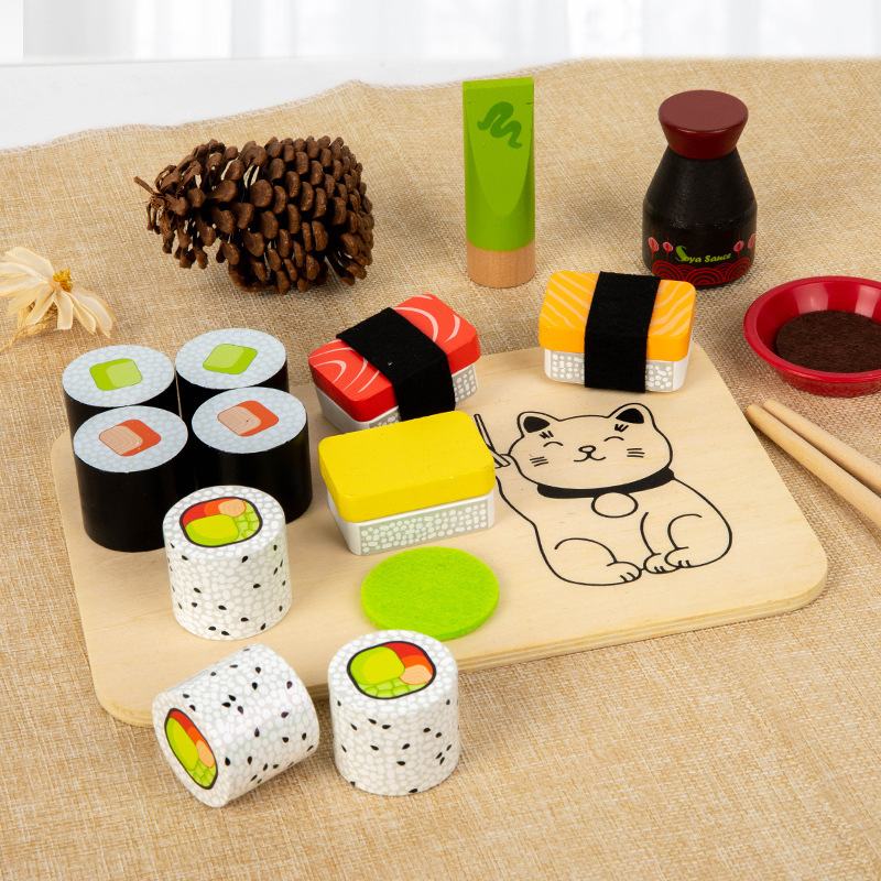 Traje de sushi de simulación de madera para niños pequeños, cocina japonesa, comida cognitiva, juguetes de cocina al por mayor