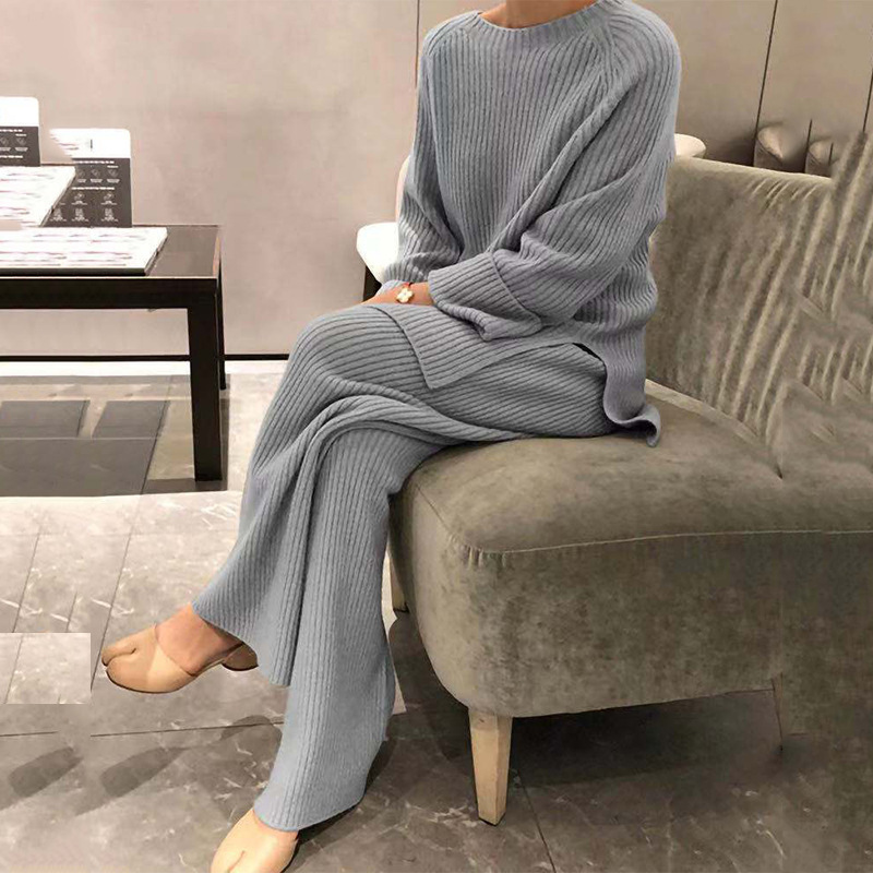 欧美女装2024秋冬亚马逊热卖长袖纯色针织休闲两件套毛衣欧美风|undefined