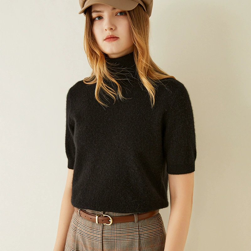 Новый Тонкий кашемировый свитер с высоким воротником и короткими рукавами, однотонная короткая приталенная внутренняя трикотажная Базовая рубашка для верхней одежды