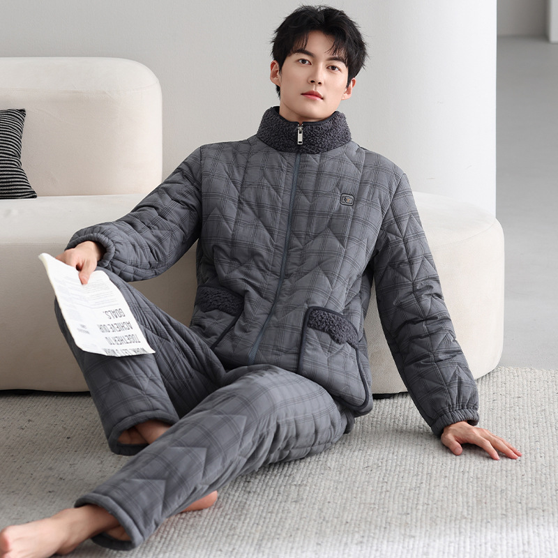Men's Pajamas Winter down Quilted Three-Layer Thickeneded Warm Cardigan Lapel Home Clothes Men's Large Size Can Be Worn Outside