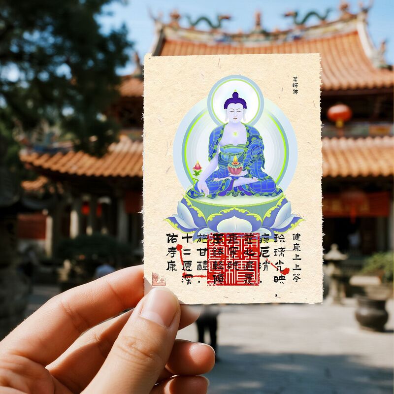 小红书爆款千佛山东方三圣药师佛寺庙文创招财保平安贴纸手机贴|undefined