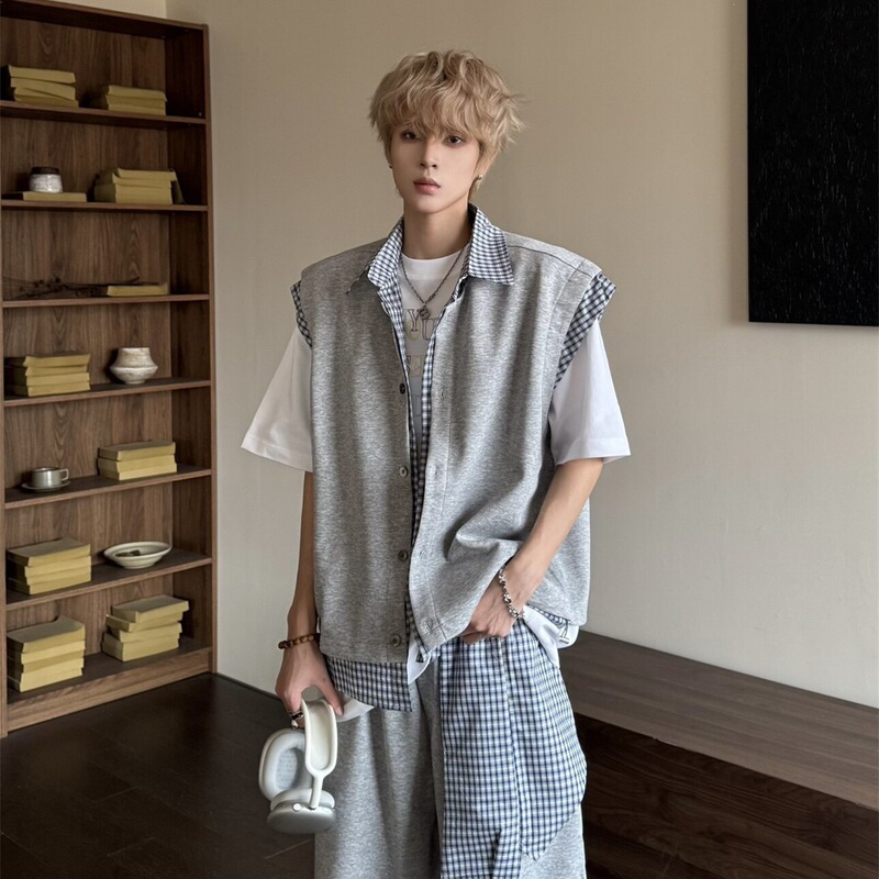 Summer Men's Fashion Personality Fake Two-Piece Sleeveless Shirt Vest for Young Men with Unique Design and Niche Plaid Jacket Summer Men's Fashion Personality Fake Two-Piece Sleeveless Shirt Vest for Young Men with Unique Design and Niche Plaid Jacket
