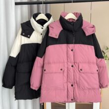 240斤胖妹妹冬季百搭拼色连帽大口袋羽绒服大码女装保暖外套2154