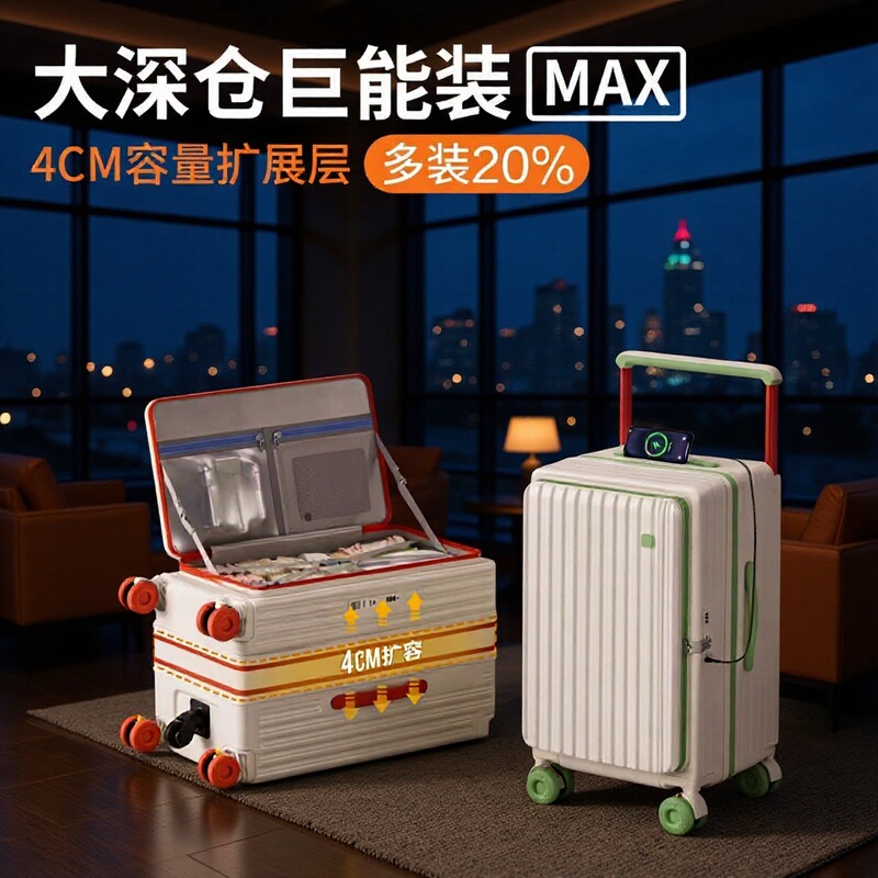 Side-Opening Wide-Handle Suitcase, Large-Capacity Pc Trolley Case, USB Charging, Color-Blocking, Silent Universal Wheels Travel Suitcase