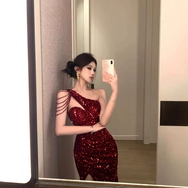 Hot Girl Style High-End Beaded Sequin Evening Dress, Ladylike Sexy High-Waisted Slit Hip-Hugging Long Skirt