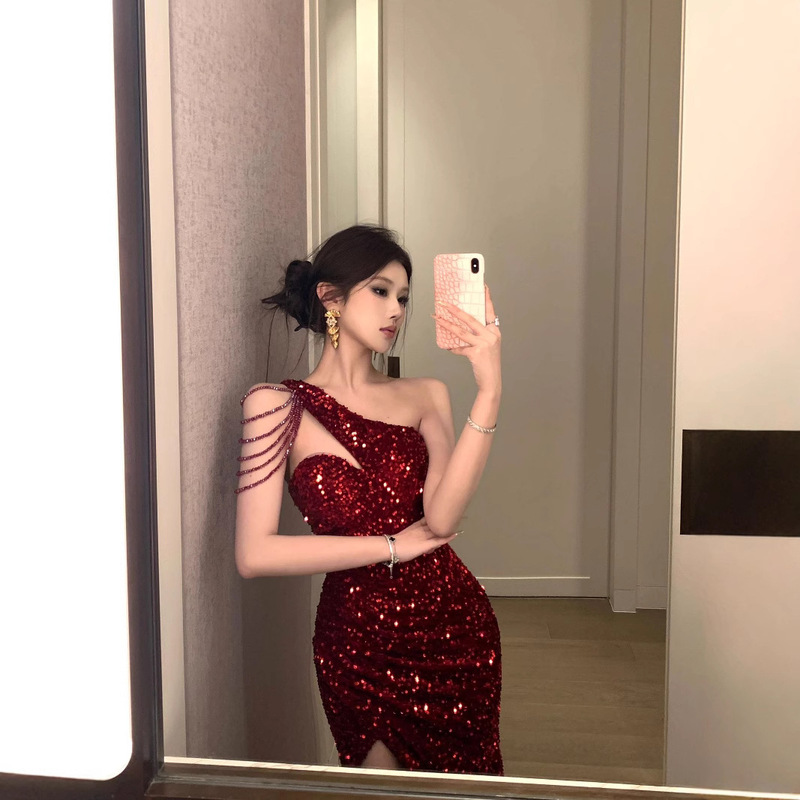 Hot Girl Style High-End Beaded Sequin Evening Dress, Ladylike Sexy High-Waisted Slit Hip-Hugging Long Skirt