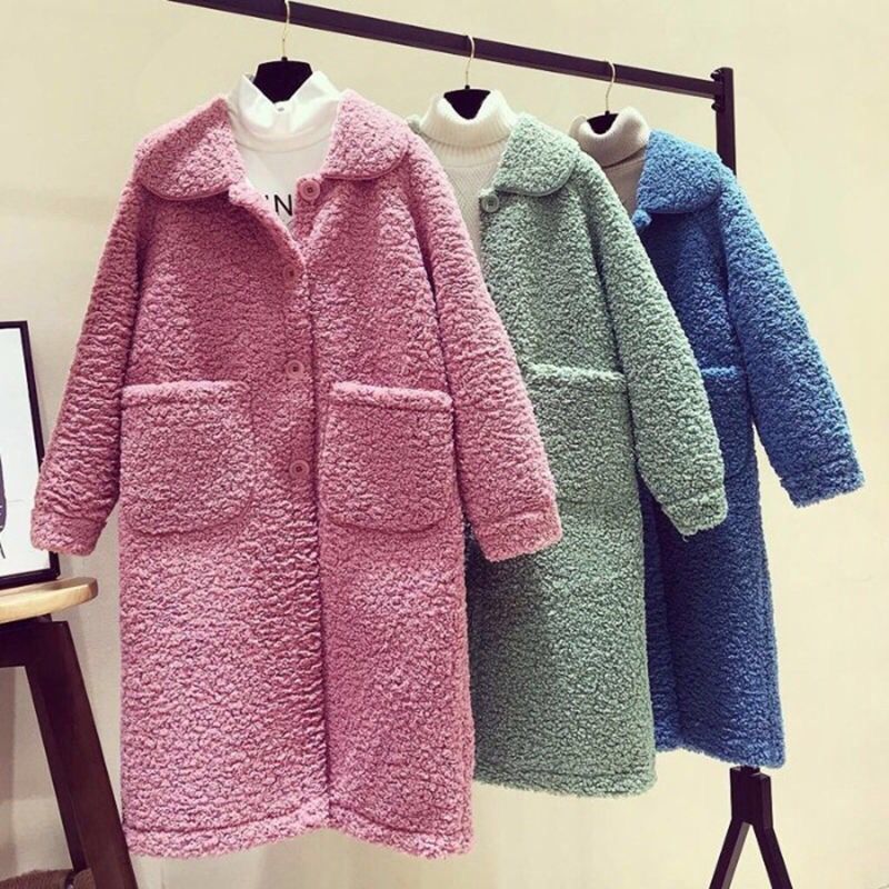 Sherpa Sweater Mid length version Solid Lapel Mosaic winter new pattern Large mm2022 Loose coat female