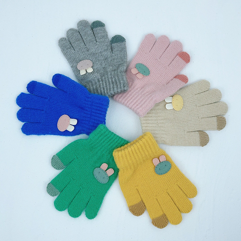 Autumn and Winter Children's gloves wool boys and girls cold-proof warm cute rabbit cartoon baby five-finger knitted gloves