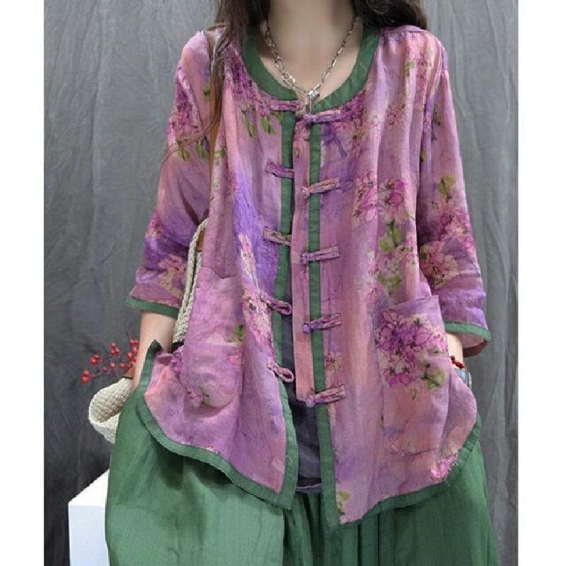 Ethnic Style Stand-Up Collar Buttoned Casual Cotton and Linen Cardigan Shirt for Women Spring and Summer New Style New Chinese Style Shirt Loose Top