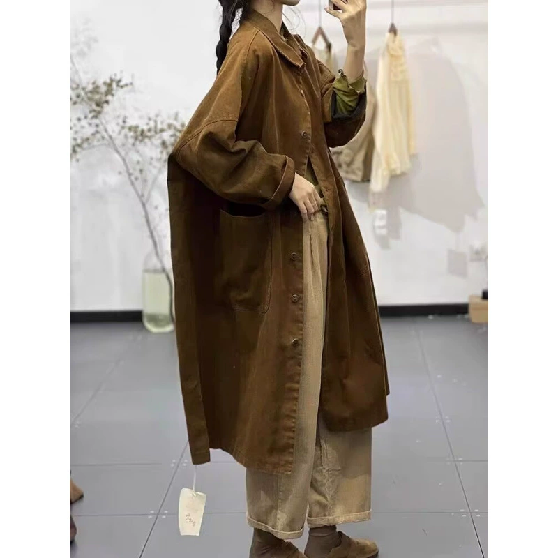 Осенние новые лацканы сплошные простые простые дикие ретро-художественные длинные повседневные тонкие пальто ветровки женские