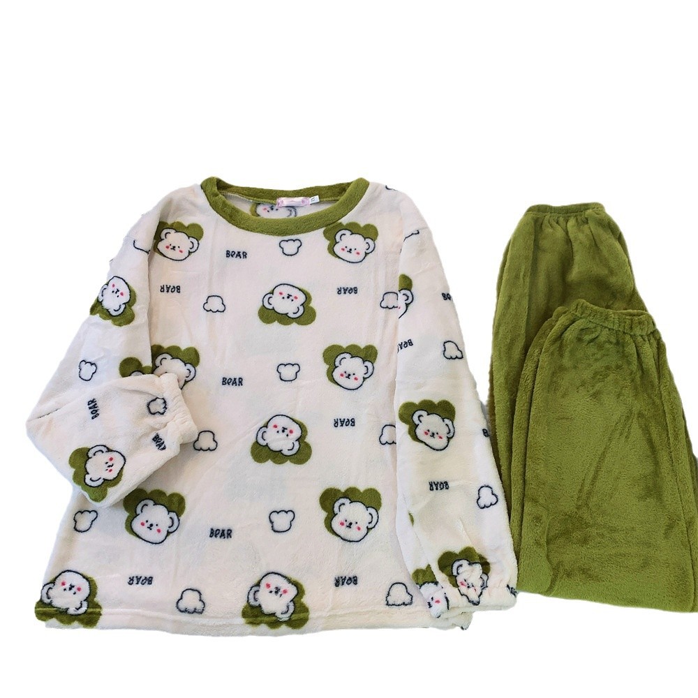 플란넬 파자마 국경 도매 파자마 여성의 가을과 겨울 플란넬 두꺼운 소녀의 홈 의류 세트