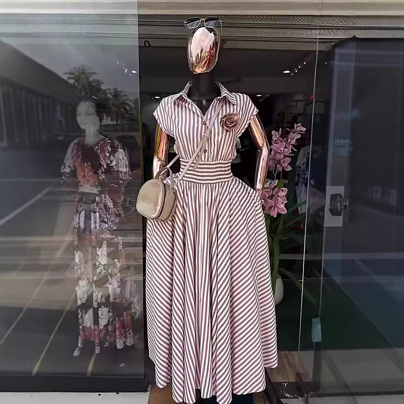 Women's Clothing Spring New Arrival Elegant Retro Striped Shirt Collar Short Sleeve Full Skirt Dress Fashion Waist Cinching American Style_ecoleips.com