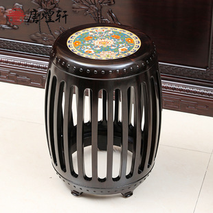 Purple Sandalwood Inlaid Enamel Color Comb Shadow Round Drum Stool Ming Style Embroidered Pier Sitting Pier Solid Wood Household Shoe Changing Stool Redwood Furniture
