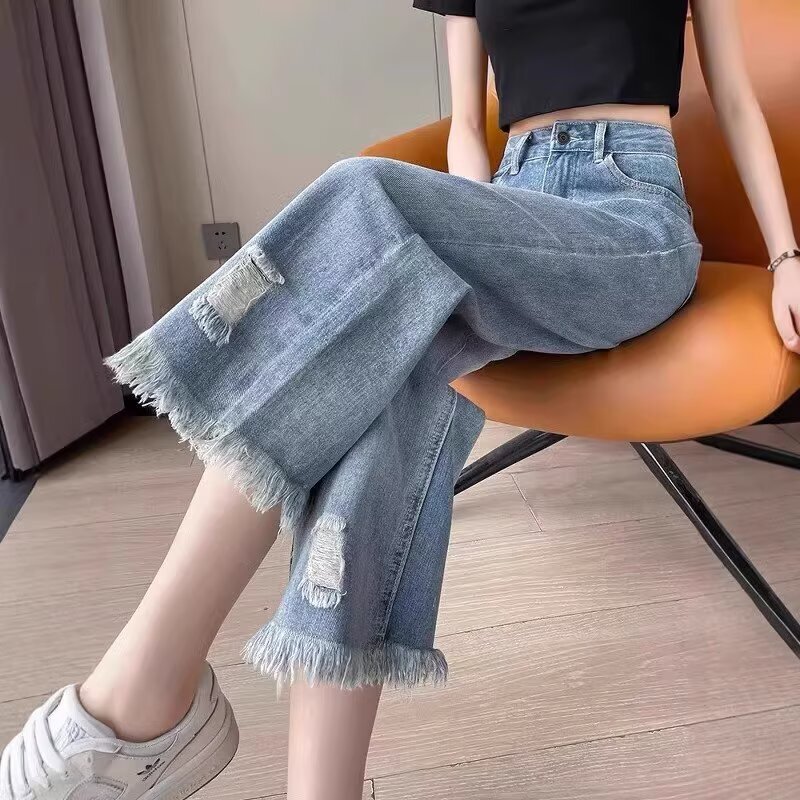 Fringed Straight Pants Women's Small Hole Denim Cropped Pants Summer Pear-shaped Figure Meat Covering Narrow Edition Smoke Tube Pants Thin
