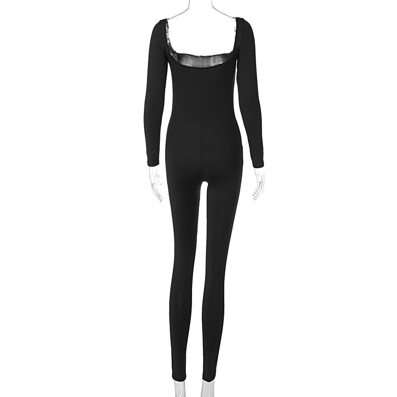 Women's Clothing Summer Solid Color Long Sleeve Belly Waist Shaping Hip Lift Square Collar Jumpsuit