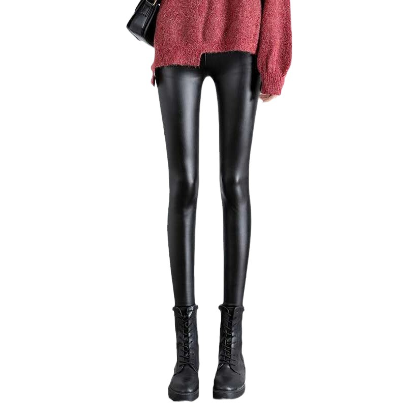 PU pantalones de cuero mujeres Otoño e Invierno pantalones leggings forrado de lana engrosada cintura alta delgada a prueba de viento impermeable Comercio exterior al por mayor