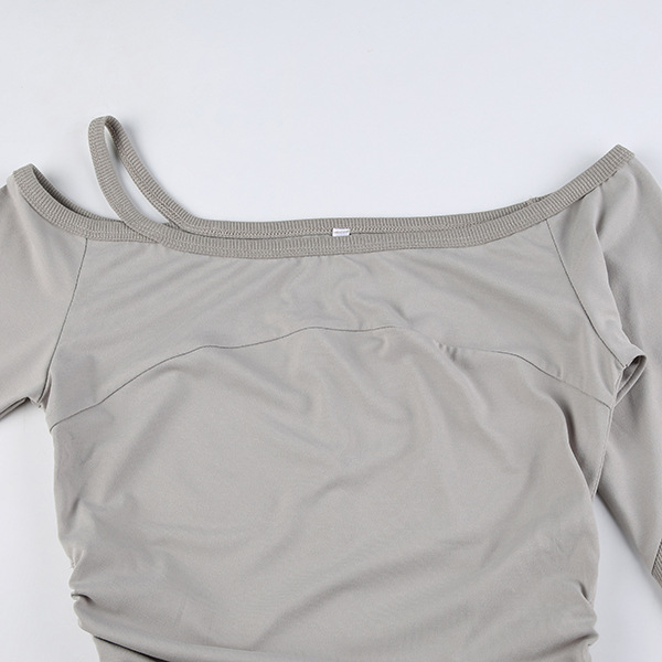 Sexy Single Shoulder Suspender Off Neck Long Sleeved T Shirt Women Solid Color Side Pleating Slim Fit Bottoming Top