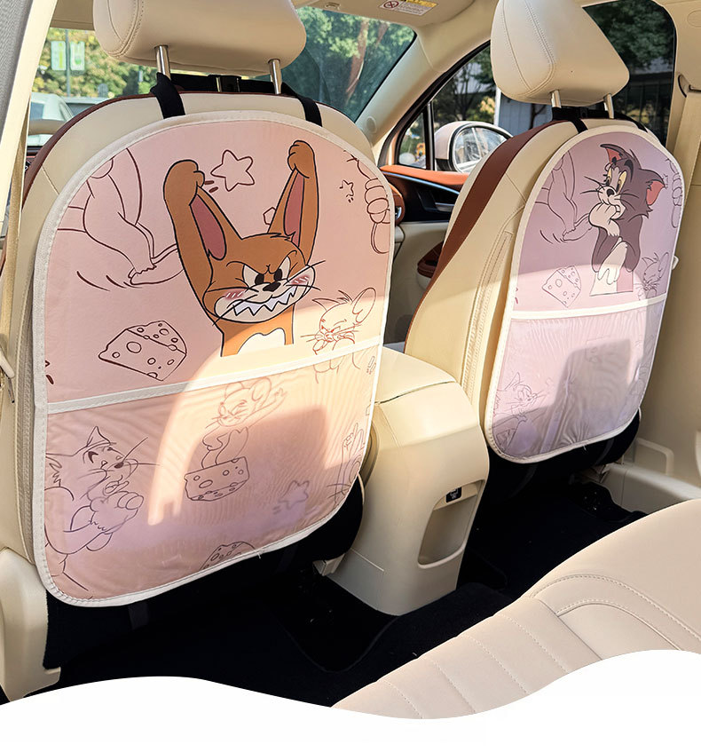 Cat and Mouse Cartoon Car Seat Back Anti-Kick Pad Car Seat Back Anti-Dirt Pad with Storage Bag
