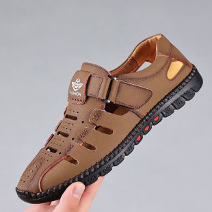 [Leather cowhide] Sandals men's leather hollow breathable casual soft bottom non-slip hole men's casual sandals