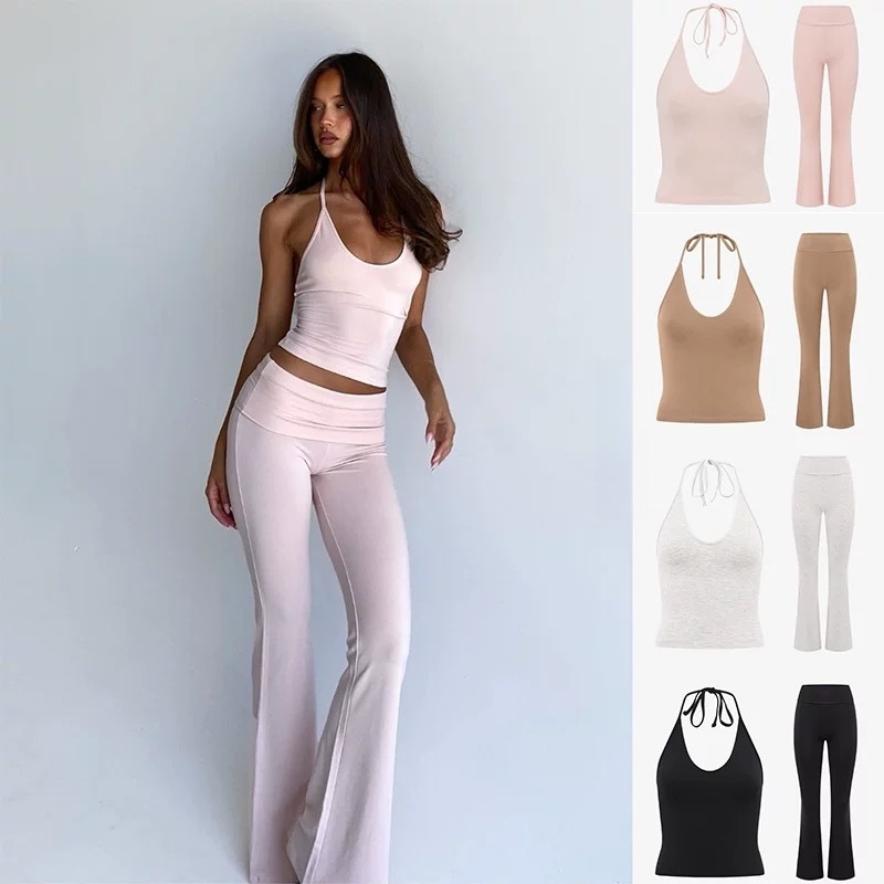 Calça de ioga rosa claro CSB europeia e americana sem etiqueta, leve e longa, gola halter esportiva, comprimento até o chão, ligeiramente alargada, alça 81778.