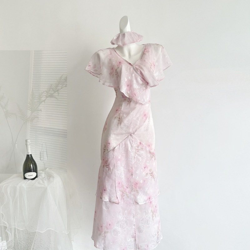 "Xinxing" Summer New French-Style Flutter Sleeve Dress with Lychee Rose Floral Print and Ruffled Tea Break Long Dress for Women