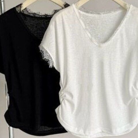 V-neck short-sleeve T-shirt for women, summer loose-fitting base shirt, Korean style lace trim top, sleeveless with flutter sleeves