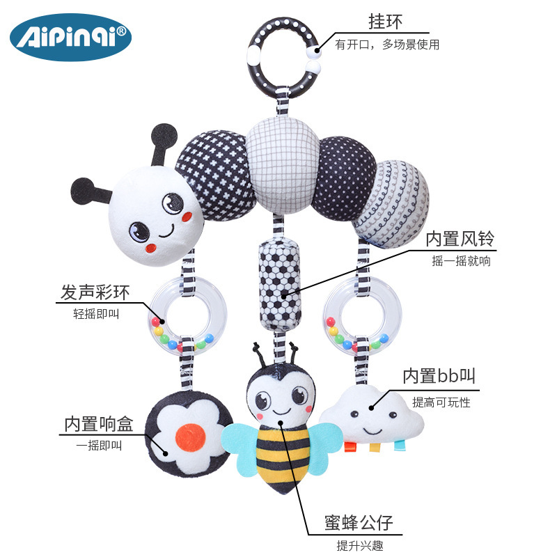 Aipinqi nuevo blanco y negro animal campana cama de viento colgar 0 - 3 años coche de bebé colgar campana de educación temprana juguetes de peluche
