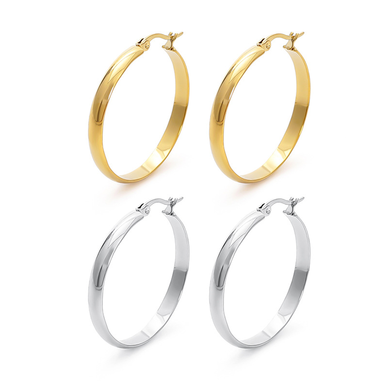 欧美风简约时尚不锈钢气质大圆圈耳环女18k金亮面O型设计钛钢耳饰