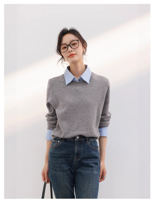 哥家商场同款女装2025秋季时尚拼接衬衫针织衫假两件羊毛衫上衣|undefined