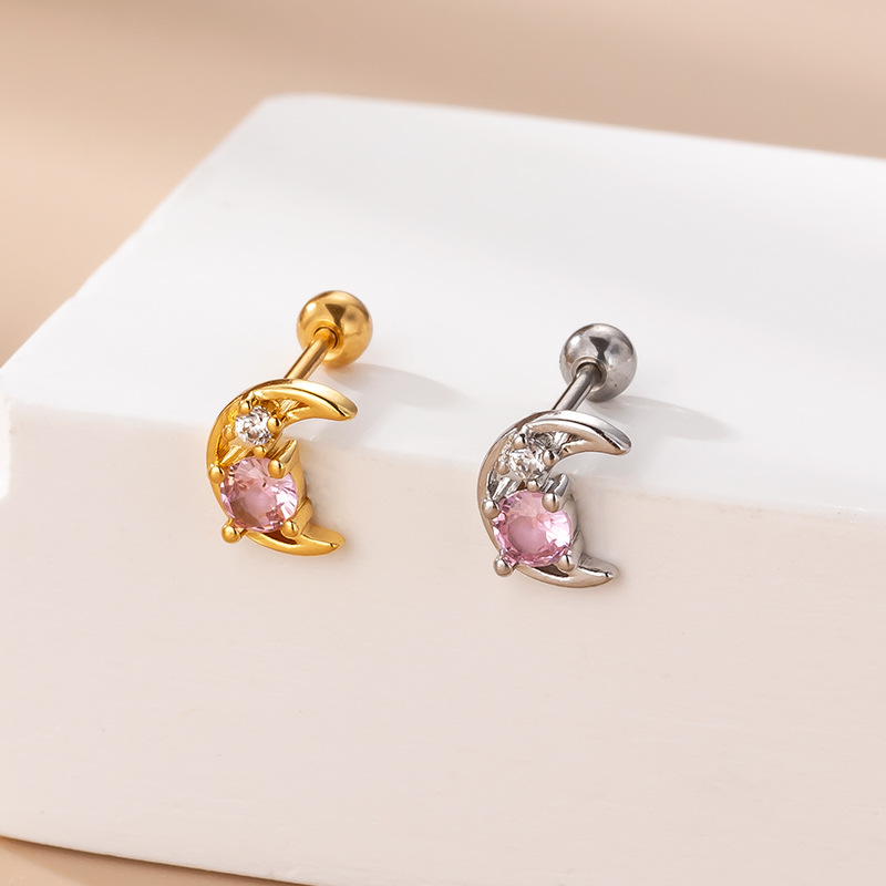 Colorful Zircon Moon Double-headed Screw Ear Bone Stud Thin Rod Stainless Steel Piercing Earrings Fashion Korean Style Trends Earrings display picture 3