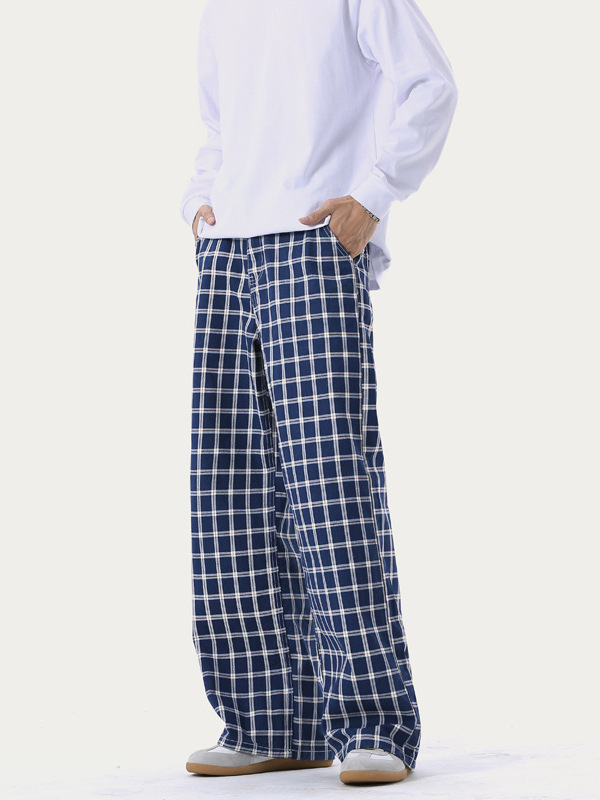 Retro blue colored trousers for men and women, American style, loose fit