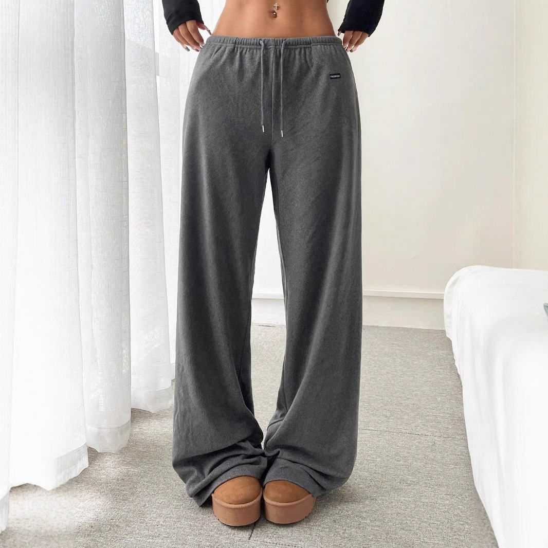 Pantaloni da salotto in maglia spazzolata da donna – Vita elastica con coulisse, gamba dritta e comoda, morbido poliestere, colori a tinta unita (nero, grigio, bianco)_voghion.com