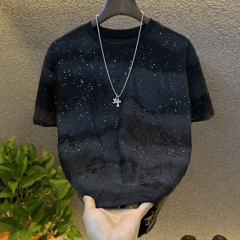 Unisex Glitter Gradient Short Sleeve T-Shirt Distressed Star Print Crewneck Top Loose Fit Breathable Fabric for Summer_voghion.com